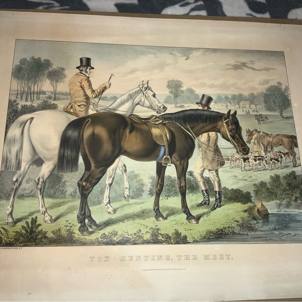 Original CURRIER AN IVES  FOX HUNTING THE MEET.  16in by 19 3/4in